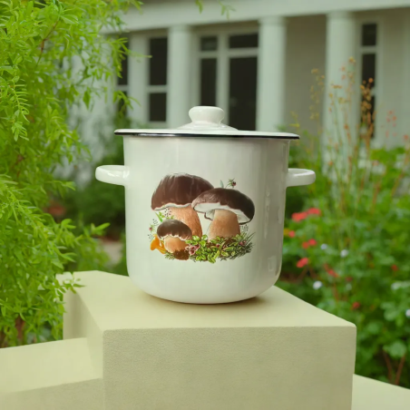 Эмалированная цилиндрическая кастрюля 7 литров с рисунком Грибы