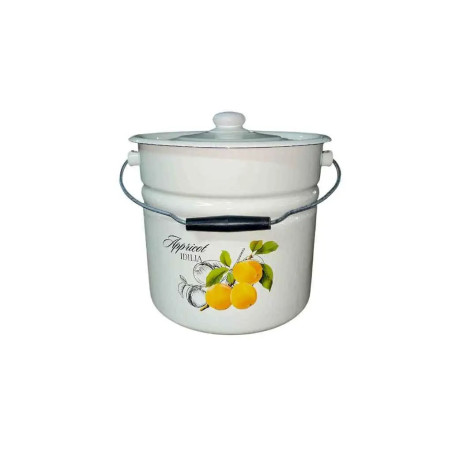 Ведро эмалированное Idilia 12л с крышкой. Белая эмалированная посуда с ярким рисунком "Абрикос" для хранения и консервирования.