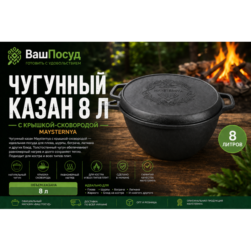 Чугунный казан Maysternya 8 л с крышкой-сковородой — баннер интернет-магазина «Ваш Посуд»
