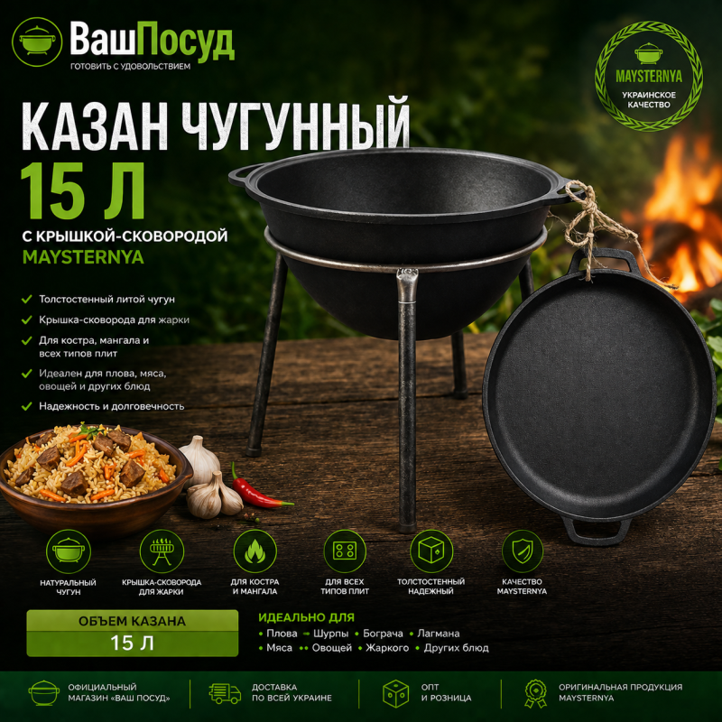 Чугунный казан Maysternya 15 л с крышкой-сковородой — интернет-магазин «Ваш Посуд»