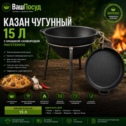 Чавунний казан Maysternya 15 л з кришкою-сковородою — інтернет-магазин «Ваш Посуд»