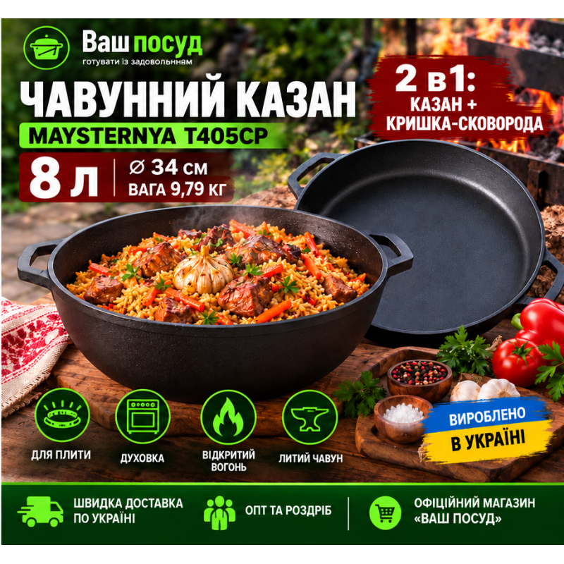 Чугунный казан 8 л Maysternya Т405СР с крышкой-сковородой