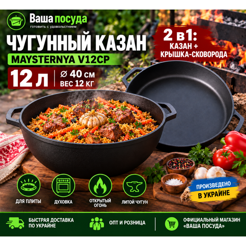 Чавунний казан Maysternya 12 л V12СР з кришкою-сковородою