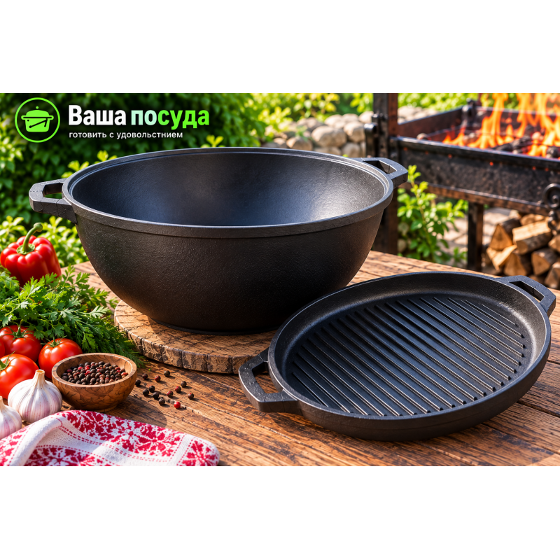 Казан чавунний Maysternya 18 л V18СРGr з кришкою-сковородою гриль